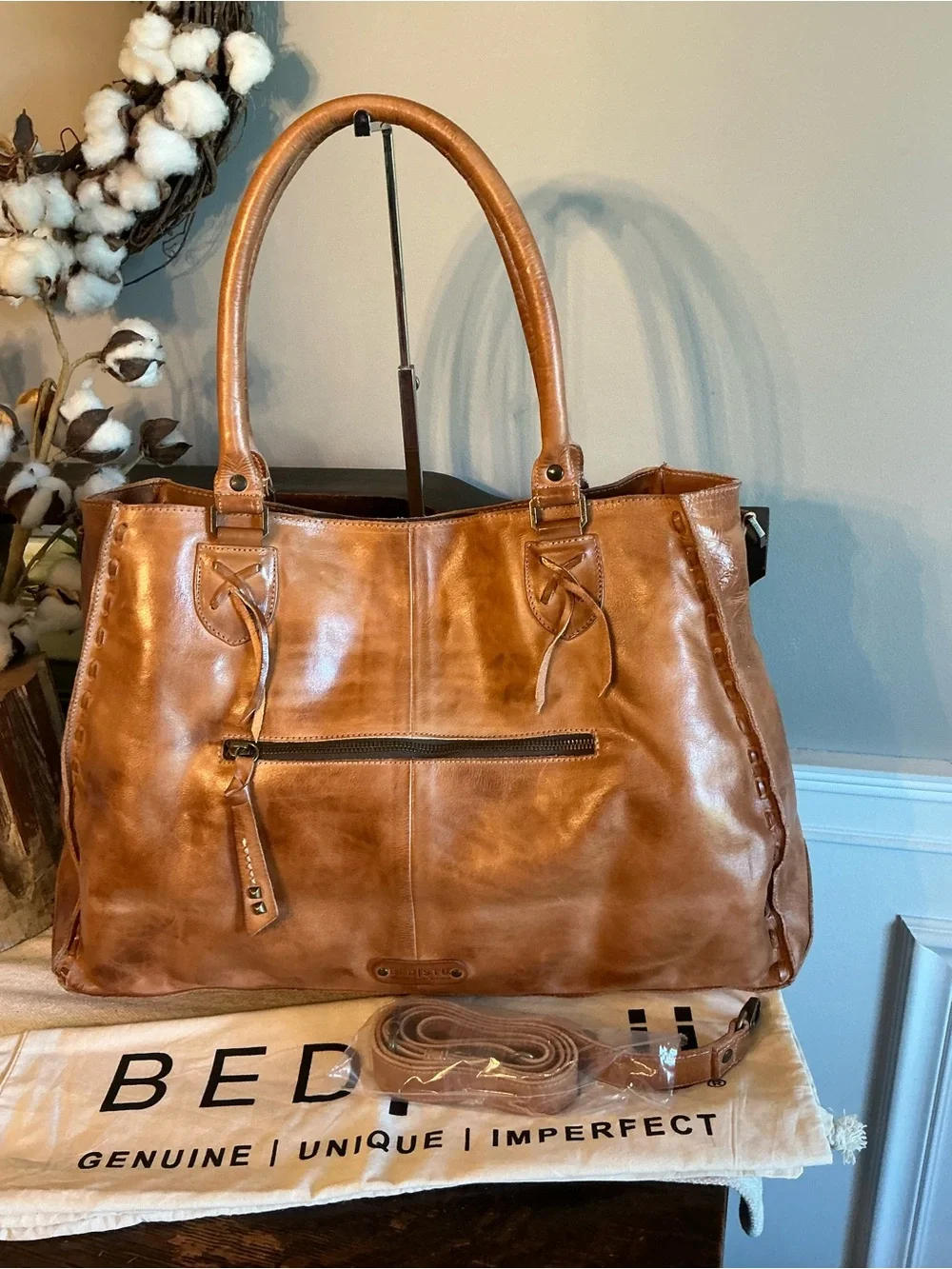 NWT Bed Stu Rockaway Shoulder Bag Crossbody Work School Tote Tan Rustic $345 - Picture 4 of 16